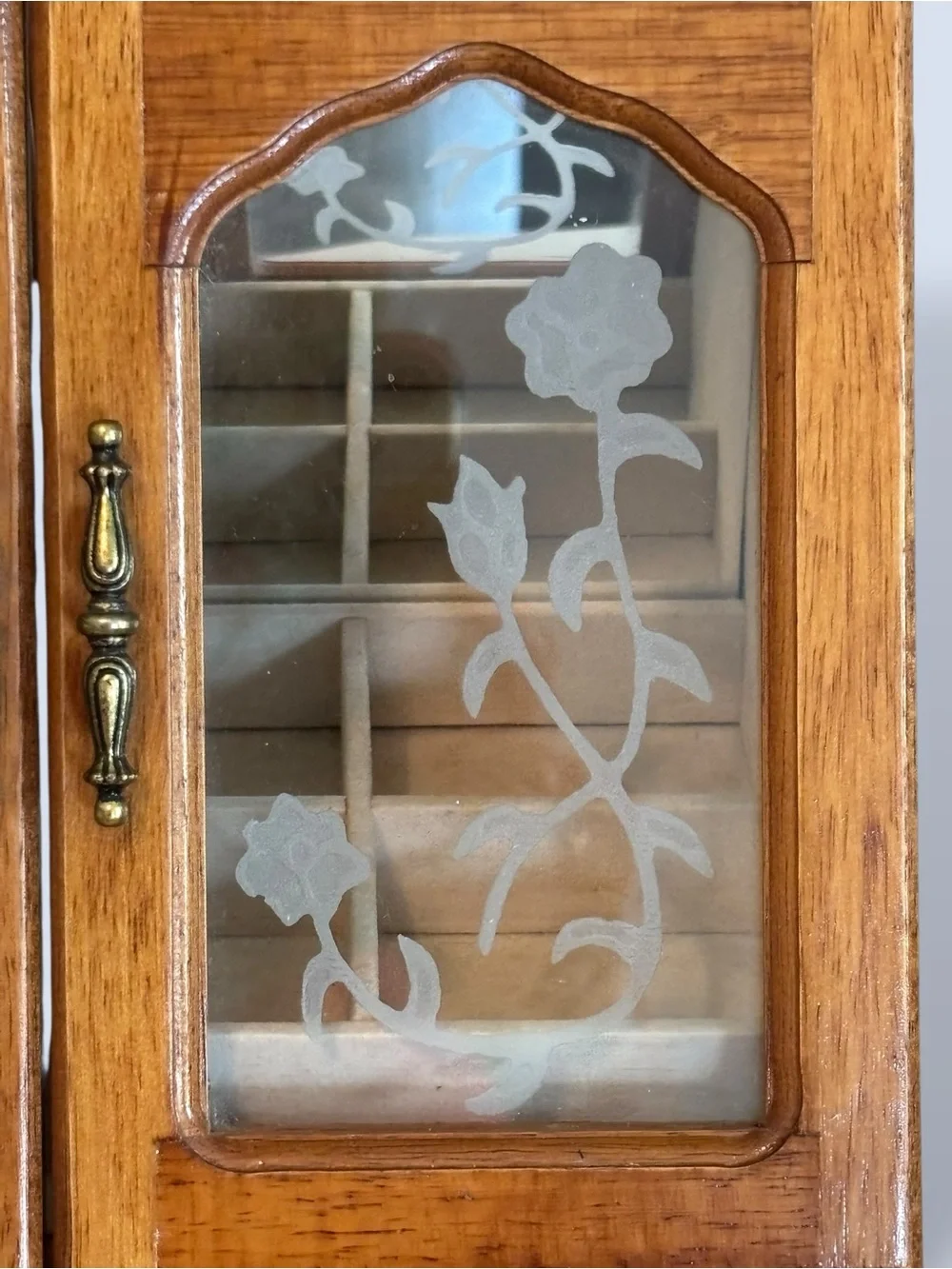 Vintage Wood Etched Glass Doors Jewelry Case Box Chest
